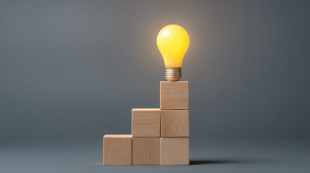 A bright yellow light bulb sits atop a stack of wooden blocks, symbolizing innovative ideas, growth, and the journey toward success in various fields.の素材