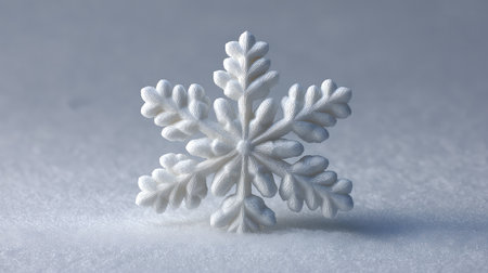 A close-up view of a sophisticated white snowflake atop a soft surface, representing the essence of winter and showcasing nature's unique and delicate beauty.の素材
