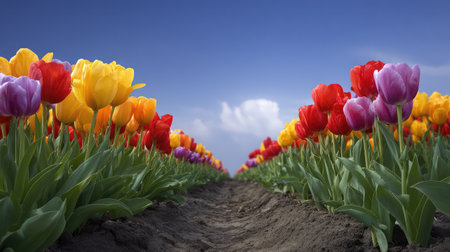 A picturesque scene of colorful tulips stretching into the horizon under a bright blue sky, showcasing the beauty of spring and the vibrancy of nature in full bloom.の素材