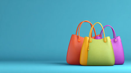 A trio of colorful handbags sits against a bright blue background, showcasing a modern and stylish design perfect for fashion-themed projects and marketing content.の素材