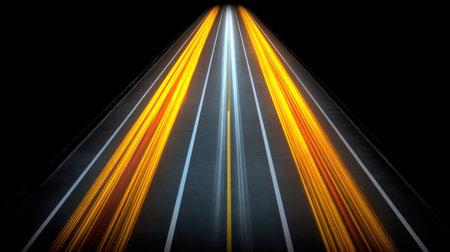 Stunning night capture of a road showcasing vibrant light trails from vehicles, emphasizing speed and energy against a dark backdrop, perfect for illustrating motion.の素材