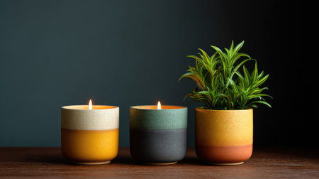 This image captures a tranquil scene with three stylish candles and a lively green plant, evoking feelings of warmth and serenity, perfect for home styling and relaxation.の素材