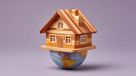 A wooden house model balanced on a globe symbolizes the connection between real estate and the global housing market, emphasizing sustainability in modern architecture.の素材