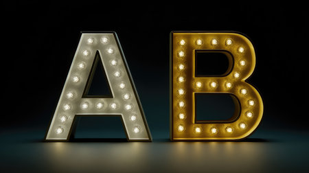 This image features two vintage illuminated letters, A and B, adorned with light bulbs, set against a dark background, perfect for signage and creative displays.の素材