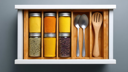 An organized kitchen drawer featuring a variety of colorful spice jars alongside wooden utensils, ideal for enhancing any culinary space with efficiency and style.の素材