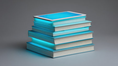 This image showcases a modern stack of books with a glowing tablet on top, representing the fusion of traditional reading and digital technology in a stylish and minimalistic way.の素材