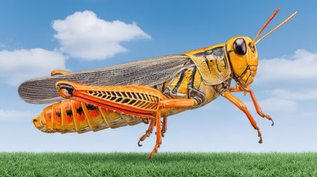 A beautifully captured grasshopper in mid-air, emphasizing its vivid colors and intricate details against a serene blue sky, perfect for nature photography enthusiasts and educational content.の素材