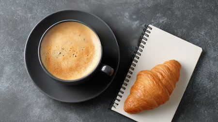 Enjoy a fresh cup of coffee alongside a buttery croissant resting on a notebook, ideal for morning creativity and a delightful breakfast experience in a cozy atmosphere.の素材
