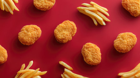 A visually appealing arrangement of golden crispy chicken nuggets and crunchy French fries on a red background, perfect for showcasing fast food delights.の素材
