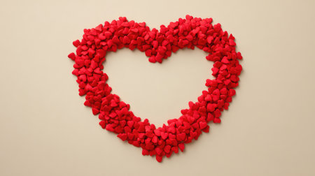 Colorful heart shape made from tiny red candy hearts, set against a soft cream background, symbolizes love and affection for various occasions like Valentine's Day or anniversaries.の素材