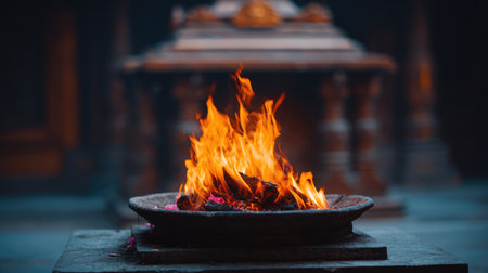 This captivating image showcases vibrant flames in a traditional fire pit, symbolizing warmth and spirituality within an ancient architectural setting. The scene evokes deep cultural significance.の素材