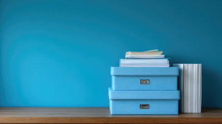 A stylish arrangement of blue storage boxes and stacks of papers on a wooden shelf, set against a vibrant blue wall, ideal for office organization and modern home decor.の素材