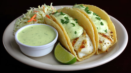 Indulge in flavorful fish tacos topped with creamy sauce, served with zesty lime and crisp slaw. A perfect choice for a delightful and fresh meal experience.の素材