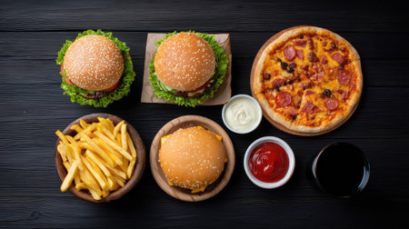 Delicious fast food arrangement featuring burgers, fries, and pizza, perfect for casual dining or a fun meal with friends. A feast for the senses!の素材