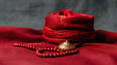 This image showcases rich red fabric alongside traditional accessories, conveying a sense of spirituality, culture, and calm perfect for various media applications.の素材