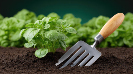 A vivid representation of a young herb plant thriving in nutrient-rich soil alongside a garden tool, emphasizing the beauty and benefits of home gardening and fresh herbs.の素材