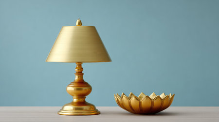 A refined gold table lamp and an intricately designed decorative bowl are positioned on a wooden surface against a serene blue backdrop, enhancing any living space's modern elegance.の素材