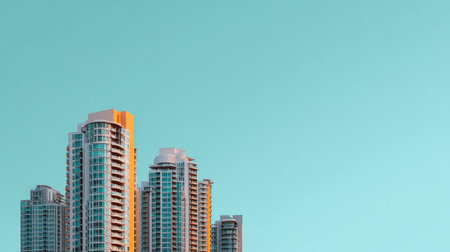 A captivating image showcasing modern skyscrapers bathed in sunset light, perfectly set against a clear blue sky, emphasizing urban beauty and architectural elegance.の素材
