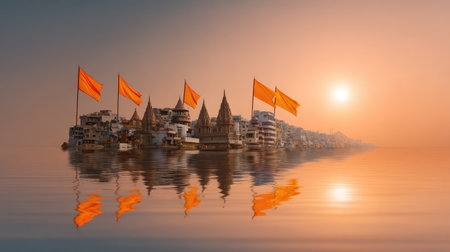 Captivating view of a tranquil sunrise over a sacred river, featuring colorful flags and ancient temples, creating a serene and spiritual atmosphere for viewers.の素材