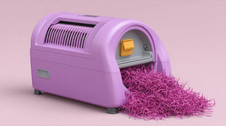 This image features a playful purple shredder with pink shreds spilling out, perfect for illustrating creativity and whimsy in a modern office setting.の素材