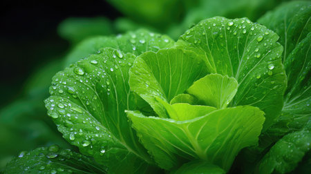 A stunning close-up of a leafy green vegetable, adorned with drops of water, showcasing vibrant colors and rich textures, highlighting nature's beauty and freshness.の素材