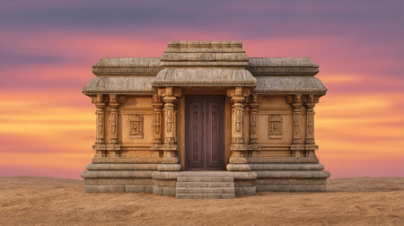 Discover the beauty of an ancient temple set against a stunning sunset, showcasing intricate details and rich heritage that reflect cultural significance and tranquility.の素材