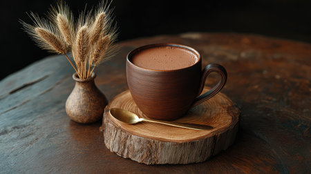 A charming scene featuring a warm cocoa cup on a wooden slice paired with dried wheat, perfect for evoking cozy vibes in lifestyle or food content.の素材