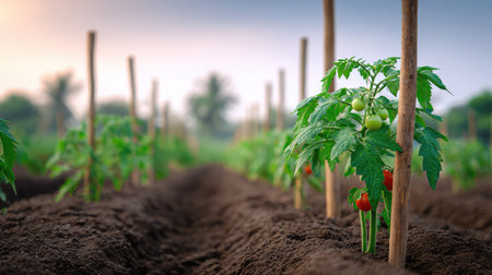 This image captures young tomato plants thriving in rich soil, supported by stakes, in a beautiful vegetable garden bathed in gentle morning light. Perfect for agricultural themes.の素材