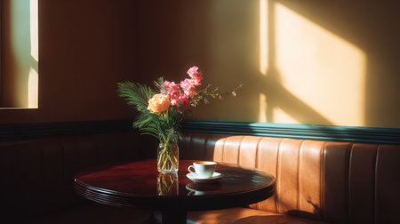 A cozy breakfast table featuring fresh flowers in a vase and an elegant coffee cup, illuminated by soft sunlight creating a serene morning ambiance.の素材