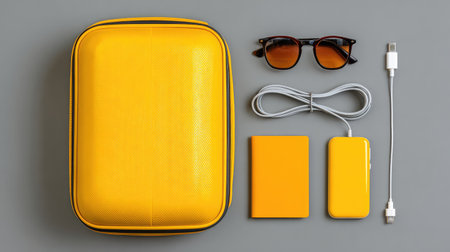 A vibrant flat lay of a yellow backpack, sunglasses, a power bank, and a charger on a gray background, perfect for showcasing travel essentials and modern design.の素材
