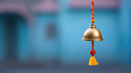 A beautifully crafted brass bell hangs delicately, adorned with vibrant tassels and colorful beads, against a soft azure background, adding a serene touch to any space.の素材