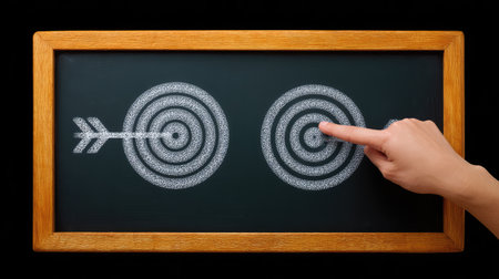 A creative chalkboard illustration featuring a hand pointing at targets, representing the journey toward achievement and the importance of focus in reaching goals.の素材