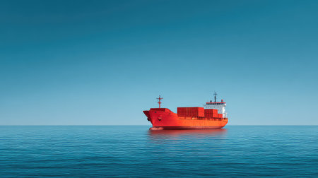 A striking red cargo ship floats serenely on a calm ocean under a clear blue sky, ideal for themes of transportation, global trade, and maritime activities.の素材