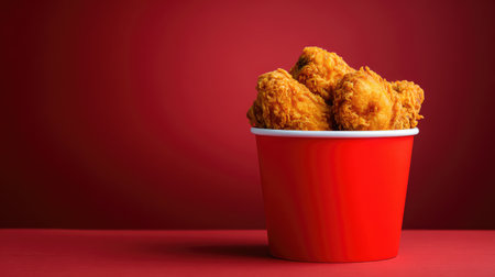 A striking image of a red bucket filled with delectable fried chicken pieces, showcasing a perfect blend of colors and textures, ideal for food-related media and promotions.の素材