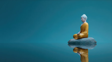 This stunning image features a serene Buddha statue sitting on a rock, surrounded by tranquil waters, symbolizing peace, meditation, and spiritual connection in a modern, minimalist environment.の素材