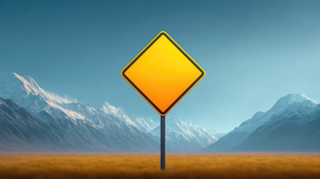 A solitary yellow caution sign stands prominently against a breathtaking backdrop of mountains, symbolizing openness and creativity in visual design.の素材