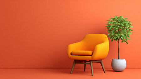 A vibrant living room scene showcasing an orange chair and a stylish plant in a pot against a bold orange wall, ideal for modern home decor inspiration.の素材