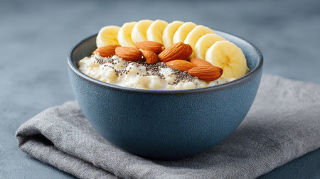 A nutritious oatmeal bowl topped with sliced bananas, almonds, and chia seeds, showcasing a healthy breakfast option rich in vitamins and fiber on a serene blue background.の素材