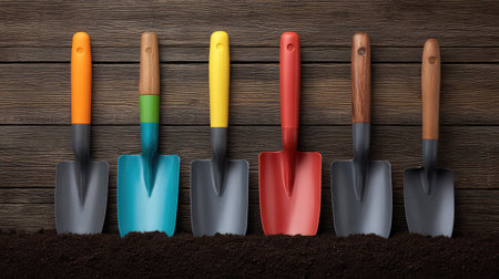 A vibrant display of colorful garden hand shovels set against a wooden background, perfect for inspiring gardening enthusiasts and creative outdoor projects.の素材