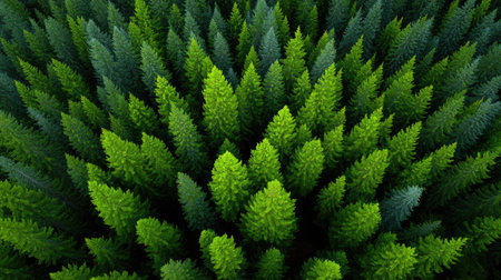 This captivating aerial view showcases a dense pine tree forest in rich shades of green, reflecting the serene beauty and tranquility of untouched nature in a vibrant landscape.の素材