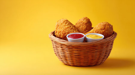 A delicious serving of crispy fried chicken in a woven basket, complemented by ketchup and mustard, perfect for gatherings or personal indulgence.の素材