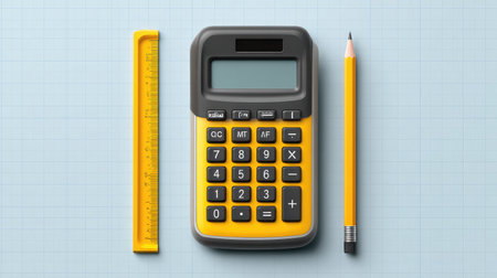 A bright yellow calculator, ruler, and pencil are neatly arranged on a blue graph paper background, ideal for illustrating themes of education, calculation, and office work.の素材