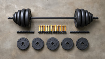 A detailed flat lay of weightlifting equipment showcasing a barbell, weight plates, and bolts, ideal for strength training enthusiasts looking to enhance their fitness routine.の素材
