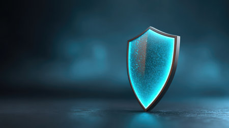 This artistic depiction of a glowing blue shield against a dark backdrop signifies protection and security, making it ideal for themes related to technology and digital safety.の素材