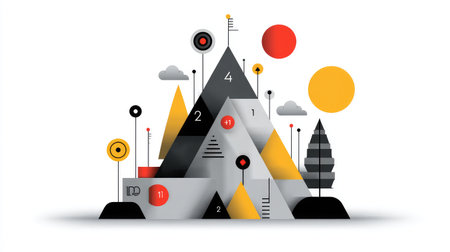 This abstract geometric artwork features mountain shapes with various colored circles, combining modern design elements that evoke creativity and innovation in a playful manner.の素材