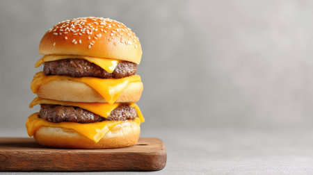 A tempting triple cheeseburger featuring layers of melted cheddar cheese and juicy beef patties on a sesame seed bun, ideal for food lovers and filmmakers.の素材