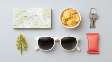 Discover the perfect visual representation of travel essentials, featuring a map, stylish sunglasses, a snack, a key, and a decorative plant. Ideal for inspiration.の素材