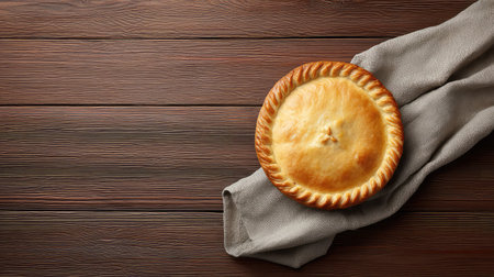 A freshly baked golden brown pie rests on a neutral cloth, set against a wooden table, showcasing warmth and comfort ideal for culinary inspiration and home cooking.の素材