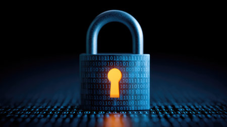 A striking image of a digital lock set against a backdrop of binary code, illustrating themes of cybersecurity, data protection, and the importance of encryption in today's digital environment.の素材