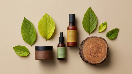 A serene composition featuring natural skin care products, wooden elements, and vibrant green leaves, emphasizing eco-friendliness and wellness in a minimalist setting.の素材